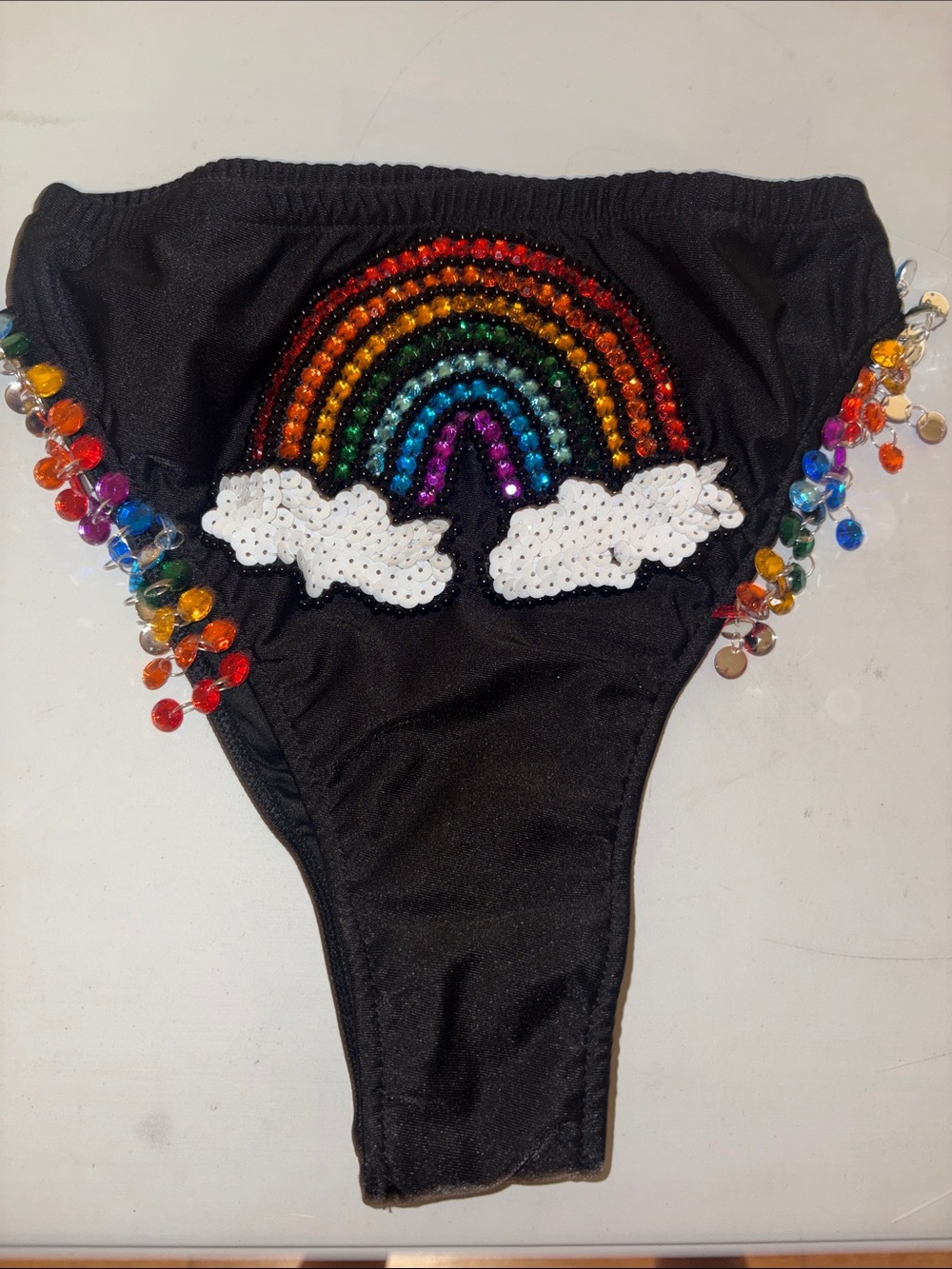 #102 NEW SMALL  Black Bikini Bottom with Rainbow Sequin Patch